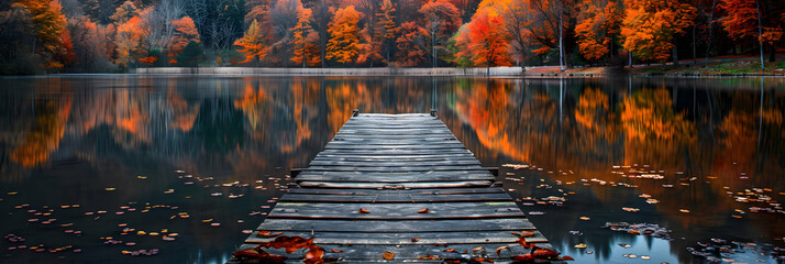 Tranquil Lakeside Reflection in Autumn: Photo Realistic Image of an Old Wooden Dock Overlooking a Serene Lake Surrounded by Fiery Autumn Colors, Inviting Peaceful Reflection   Phot