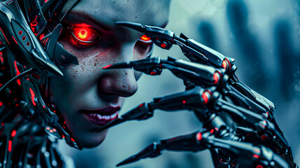 A cyborg stares at you with glowing red eyes.