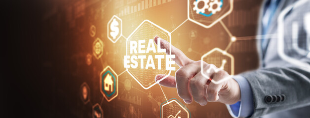 Real estate investment. Businessman pressing on virtual screens