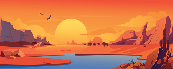 Sunset in desert background banner in cartoon design. Dry sand space with with mountains and lake view in drought valley, bull silhouettes, wildlife cactus, flying birds. Vector cartoon illustration