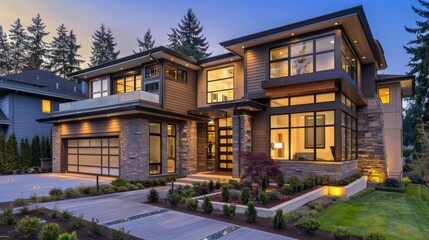 Spacious modern luxury house illuminated at twilight with a beautifully landscaped front yard and clear sky
