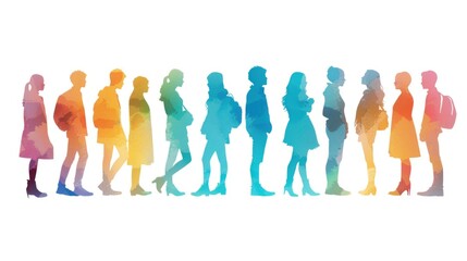 Varied silhouettes of individuals in a line, showcasing diversity and inclusion