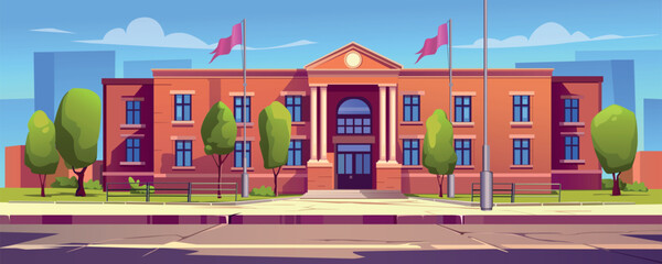 Naklejka premium University building background banner in cartoon design. Classic facade with columns and flags of government architecture building. Cityscape with courthouse or bank. Vector cartoon illustration