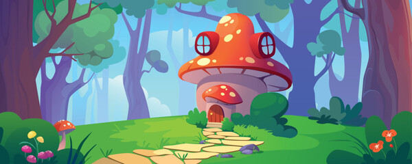 Naklejka premium Fantasy mushroom house background banner in cartoon design. Gnome home with poisonous amanita exterior, fly agaric cottage with pathway to door in summer forest trees. Vector cartoon illustration.