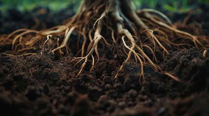 A close-up of plant roots intertwined in the soil, showcasing the hidden beauty beneath the surface, plant roots, hd, with copy space