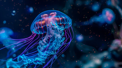 Glowing jellyfish in the dark ocean.