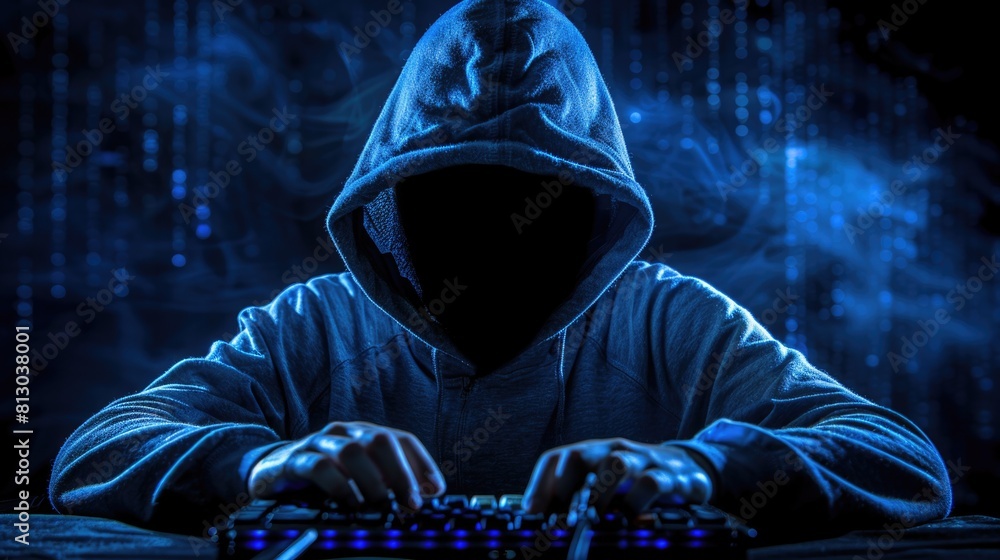Poster a person wearing a hoodie focused on typing on a computer keyboard