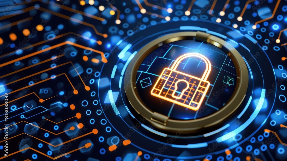 Poster a padlock securely fastened on a circuit board to symbolize cyber security and digital protection in