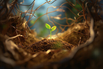 Fototapeta premium plant in the ground, Witness the miracle of life as a little green seedling emerges from a pile of earth, serving as a poignant symbol of environmental protection, beautifully portrayed in a captivati