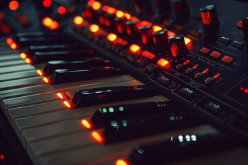 "Detailed View of a MIDI Controller with Illuminated Dials and Switches"
"Electronic Music Production MIDI Device with Red and Blue Lighting"
"Professional MIDI Controller Interface Close-up"