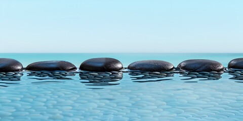 stepping stones on blue water Zen Stones in Water Spa Wellness background Zen stones pilled on a blue background