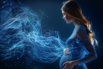 n a serene scene, a pregnant woman anticipates new life, embracing childbirth preparation and impending motherhood, featuring a wireframe against a dark blue backdrop.