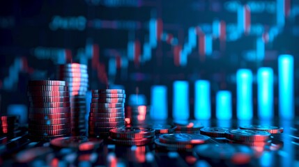 Dynamic stock market chart analysis on a futuristic interface. Bokeh effect with coin stacks. Financial investment concept. Perfect for business websites and financial sections. AI