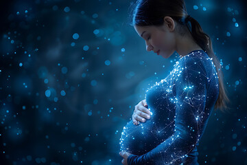 n a serene scene, a pregnant woman anticipates new life, embracing childbirth preparation and impending motherhood, featuring a wireframe against a dark blue backdrop.