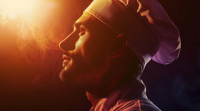 Celebrity chef, chef hat, renowned culinary expert, competing in intense cooking battle against the clock, under dramatic spotlight, 3d render, emphasizing silhouette lighting