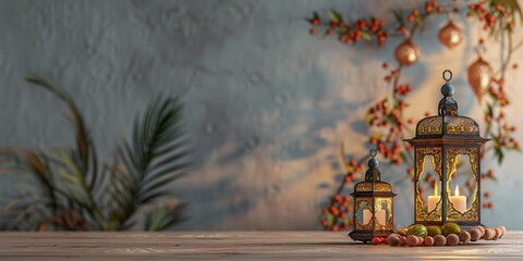 Obraz premium Lanterns and beads convey Islamic New Year spirit on wooden tabl