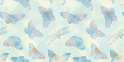 Fototapeta premium Watercolor seamless background. Butterflies, dragonflies. Delicate watercolor illustration on an abstract watercolor background. Basis for design - fabric, textiles, wallpaper, wrapping paper