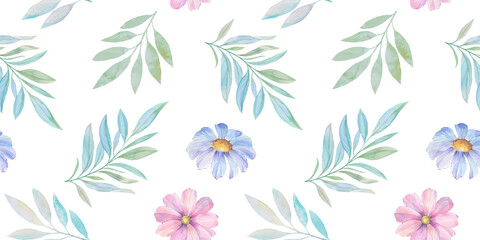 Obraz premium Seamless floral design with flowers and leaves for background, abstract endless pattern. Watercolor illustration and digital drawing of leaves on branches