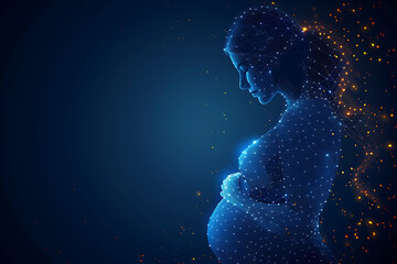 Obraz premium A pregnant woman cradles her newborn, symbolizing new life and preparation for childbirth. Illustrates pregnancy concept, baby-mother communication, and maternity care
