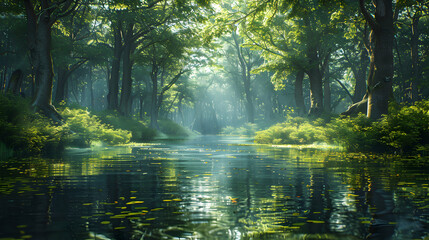 River Reflections in Old Growth Forest: A Serene Photo Realistic Capture of Ancient Trees Mirrored on Still Waters