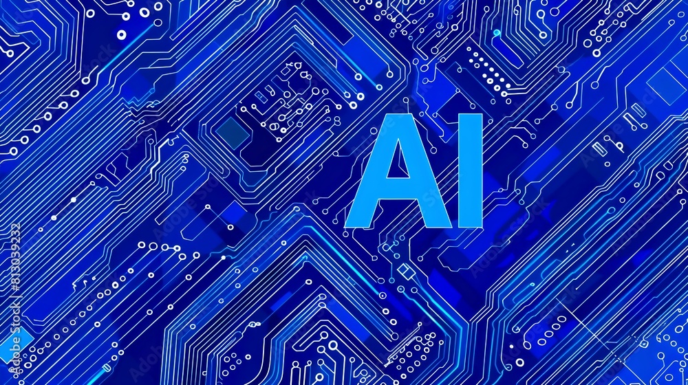 Poster striking ai text on blue circuit board design. modern technology background concept. digital innovat