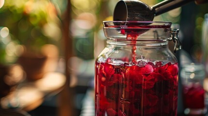 This photo shows a mason jar being filled with a red liquid. The jar is sitting on a wooden table. There is a green plant in the background. The photo is taken from a side angle.