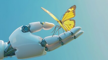 Futuristic Harmony of Nature and Technology: Robot Hand Gently Holding a Butterfly Against a Clear Blue Sky. Conceptual Imagery, Simple and Elegant. AI
