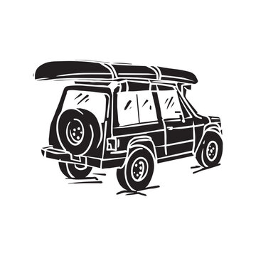 classic jeep with canoe board vector design hand drawing