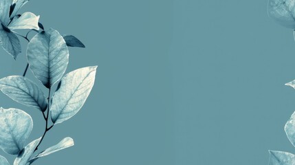 Minimalistic image of a small leaf in teal blue, light blue, and light gray hues with negative space around it.