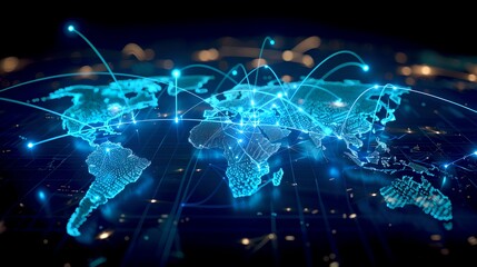 Obraz premium Futuristic Global Network Representation, Digital World Map, Connectivity Concept Illustration, Cyberspace Background. Visualize Global Communication. AI