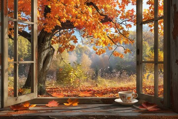 Open window scene showcasing the beauty of fall with a hot cup of tea and scattered leaves on a wooden sill