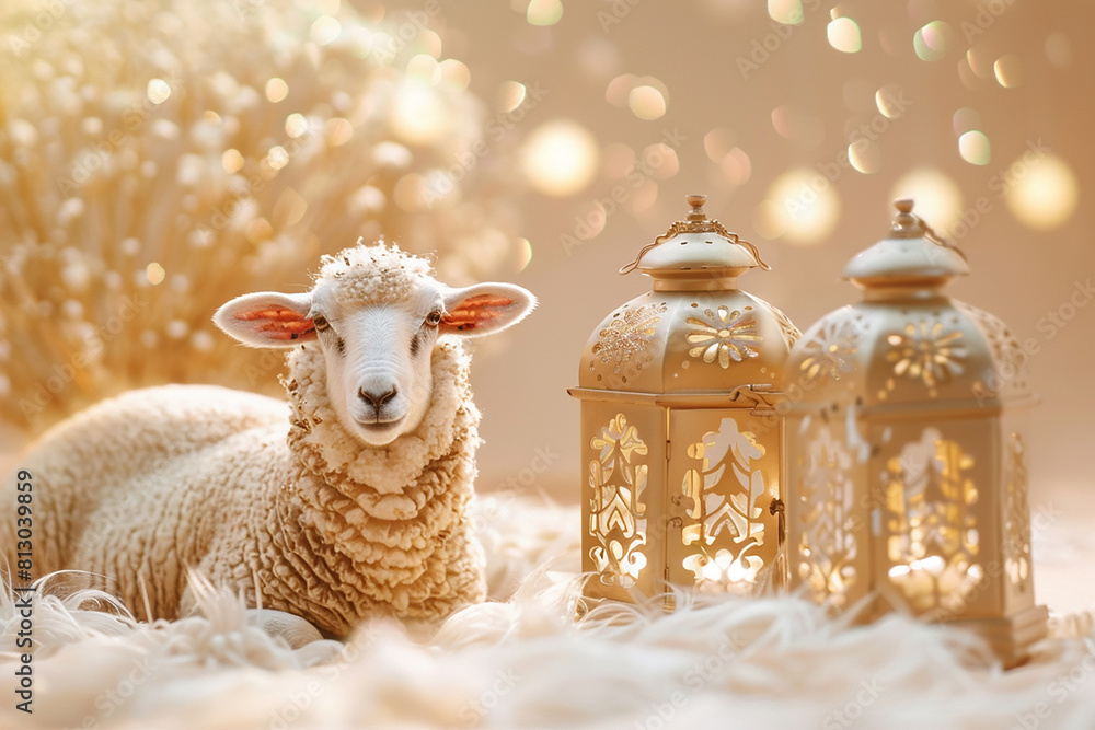 Fototapete eid ul adha card with sheep and lamp with light colour background for muslim festival generated by AI