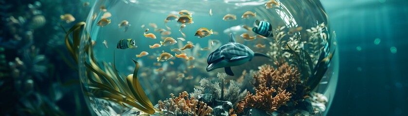 Ocean globe, Coral-adorned, Schools of fish and dolphins swirling inside, Beneath azure waves and swaying kelp forests, Photography, Sunlight, Vignette
