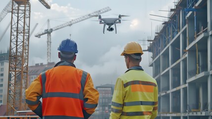 Construction Workers Monitoring a Drone at a Building Site. Two Engineers in High Visibility Jackets Overseeing a Modern Urban Development Project. Industrial Collaboration. AI