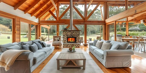 Fototapeta premium Chic country house interior with cozy wood finishes warm colors and family hearth. Concept Country House Design, Cozy Interiors, Wood Finishes, Warm Colors, Family Hearth