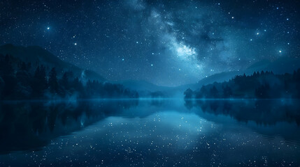 Starry Night Over Serene Lake: Stars Twinkle Above Reflecting Peaceful Glow in Undisturbed Waters   Photo Realistic Concept