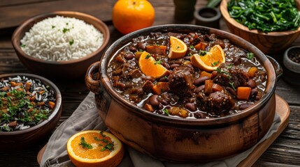 Juicy and fragrant Brazilian stew made from black beans and various types of meat, served with rice, farofa, cabbage leaves and orange slices.