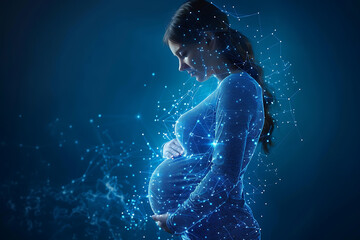 A pregnant woman cradles her newborn, symbolizing new life and preparation for childbirth. Illustrates pregnancy concept, baby-mother communication, and maternity care