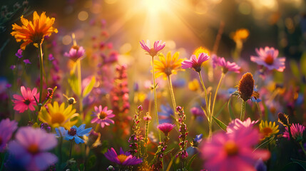 Fototapeta na wymiar Breathtaking Sunlit Wildflower Field: A Tapestry of Colors Bathed in Sunlight Photo Realistic Concept on Adobe Stock