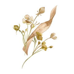 Dry flowers, herbs monochrome arrangement in watercolor sienna color. Abstract flowers in beige...