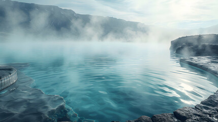 Photo realistic view of Thermal Pools in Volcanic Setting: Unique Natural Spa Experience amid Rugged Landscapes