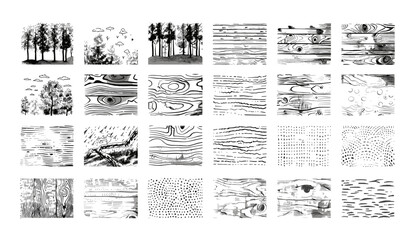 Hand drawn pencil line, crosshatch pattern texture set, wood, rain, stripe, hatch organic shape collection, sketch vector illustration. Texture, drawing, nature, pen, sketching.
