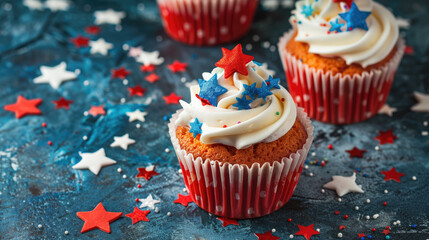 Cupcakes decorated with frosting and stars for american patriotic celebrations