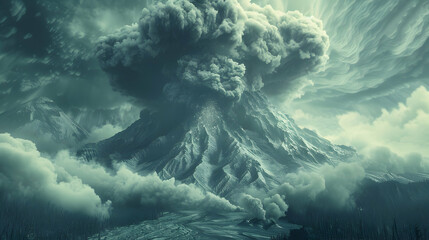Powerful Display: Volcanic Ash Clouds Billowing from Erupting Volcano   A Photo Realistic Concept Illustrating Nature s Force