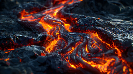 Photo realistic Volcanic River of Lava: A dynamic portrayal of molten rock flowing from an active volcano, capturing the fluid nature and raw power of nature s fury.