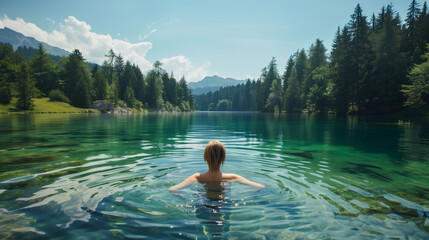 A woman enjoying a refreshing swim in a crystal-clear lake on the summertime