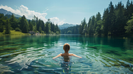 Fototapeta premium A woman enjoying a refreshing swim in a crystal-clear lake on the summertime