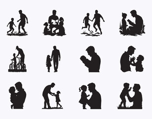 Collection of Father and son or dad and girl Silhouettes in different poses set. Happy father day black silhouette design. Father and Child Silhouette