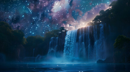 Starry Skies and Majestic Waterfall: A Blend of Earthly Vitality and Celestial Wonder   Photo Realistic Concept on Adobe Stock