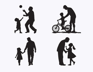 Collection of Father and son or dad and girl Silhouettes in different poses set. Happy father day black silhouette design. Father and Child Silhouette
